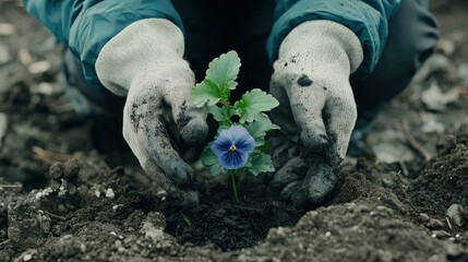 Hands Gently Planting A Pansy Seedling In Soil