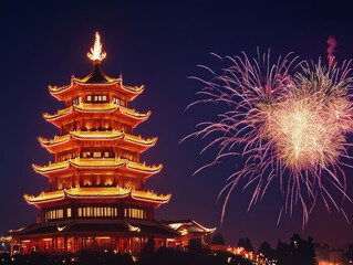 Fototapeta premium Colorful Fireworks Over Traditional Asian Pagoda at Night