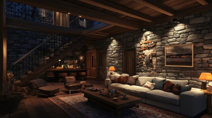 Fototapeta premium Rustic Mountain Lodge Living Room Interior Design