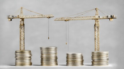 Construction Cranes Above Stacks Of Coins Representing Investment