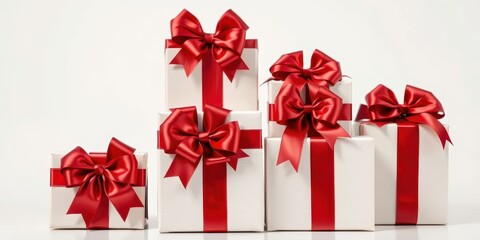 A stack of elegant white gift boxes adorned with vibrant red satin ribbons and bows, perfect for a celebratory occasion.