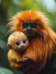 Obraz premium Golden lion tamarin mother embracing its baby in lush rainforest