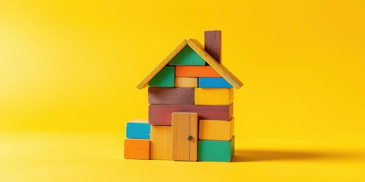 Colorful Wooden Block House Model on Yellow Background