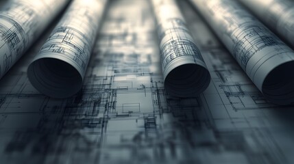 A close-up of rolled architectural blueprints, showcasing intricate designs and technical details.