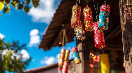 Vibrant Firecrackers Hanging from Wooden House