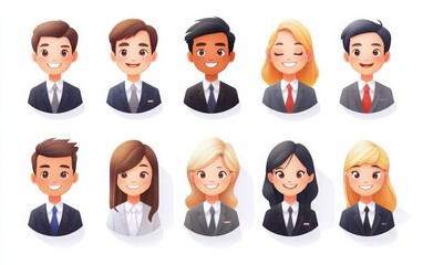 Fototapeta premium A set of business avatar icons featuring smiling men and women with various hairstyles, such as short brown hair and long, straight blonde hair. 
