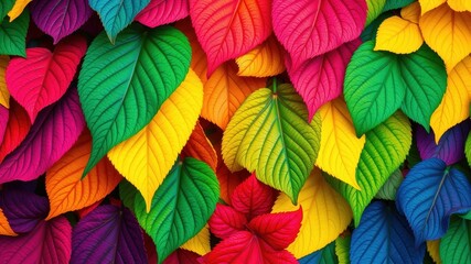Obraz premium Vibrant Colorful Foliage Pattern Background Featuring Vivid Green, Red, Yellow, and Blue Leaves