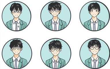 A set of round portrait icons showing Japanese high school students in uniform with short hair and glasses, wearing a light blue shirt, grey tie, and green jacket. 