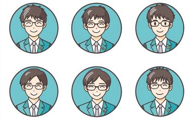 A set of simple round portrait icons of Japanese high school students in uniform, featuring short hair and glasses. 