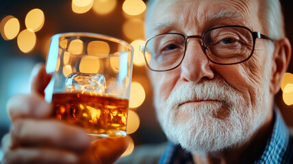 Elderly man enjoying a glass of whiskey in a cozy atmosphere with warm bokeh lights around