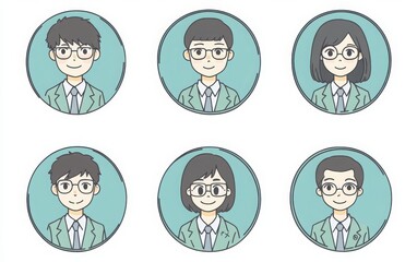 A set of simple round portrait icons of Japanese high school students in uniform, featuring short hair and glasses. 