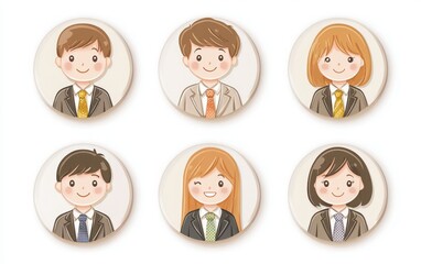 Round business avatar icons featuring smiling people with short brown hair and long, straight blonde hair, dressed in suits and ties of different colors and patterns. 