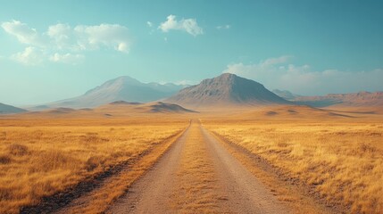 Long dirt road leading to the mountains through dry grass field