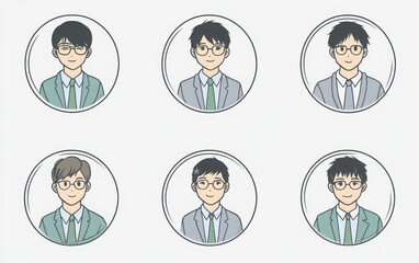 Round portrait icons of Japanese high school students, each with short hair, glasses, and wearing a light blue shirt, grey tie, and green jacket. 