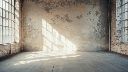 Obraz premium Bright sunlight filters through large windows illuminating the rustic interior of an empty room with exposed brick walls and wooden floors