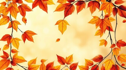Autumnal Branch with Vibrant Orange and Red Leaves Forming a Frame Against a Soft Yellow Background