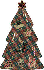Christmas tree, watercolor, patchwork. Vector. Set of Christmas toys, bow, deer, red cage, plaid texture. Christmas tree with decoration, fabric, textil surface.