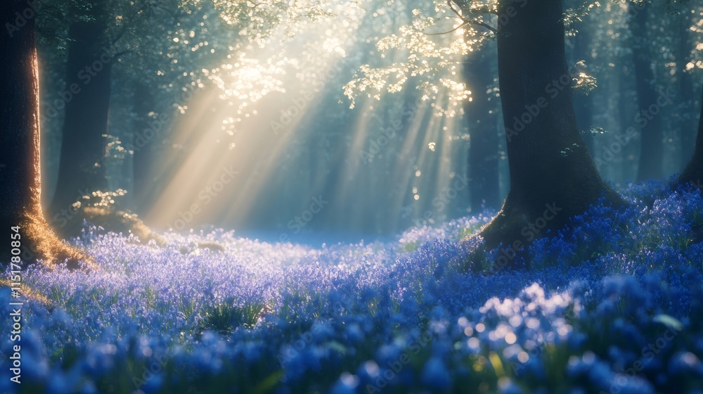 Poster sunbeams filtering through trees illuminating bluebells in magical forest