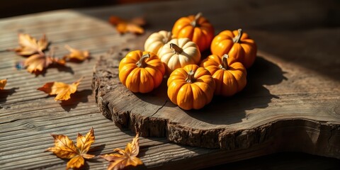 Fototapeta premium Autumn harvest still life with miniature pumpkins and fall leaves on rustic wood