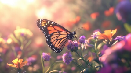 A close-up of a butterfly perched on a colorful flower, with a soft, out-of-focus garden background.
