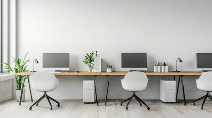 Modern minimalist office workspace with computers and chairs