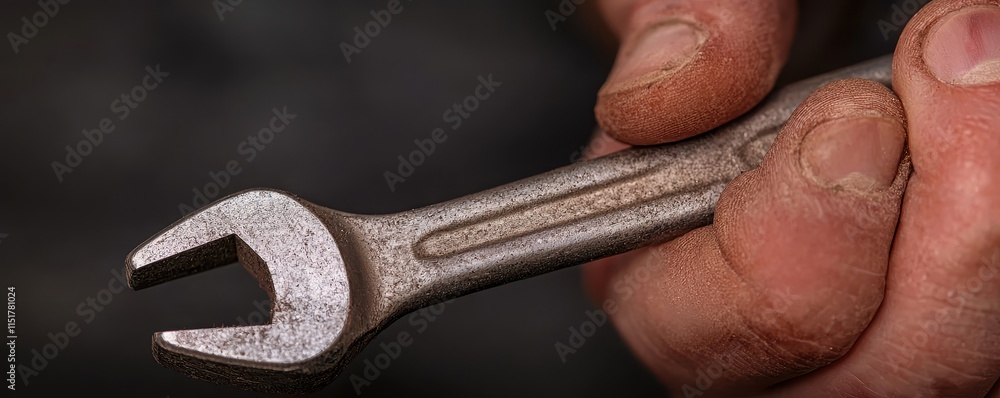 Poster a close-up of a hand gripping a rusty wrench, showcasing its wear and texture, emphasizing tools and
