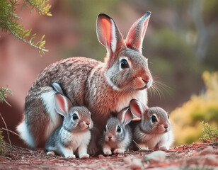 Obraz premium Mother rabbit and babies AI