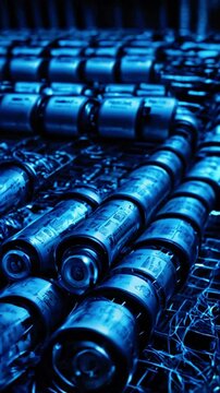 Rows of batteries in a digital grid with fluctuating charge levels, complemented by glowing blue energy effects, 4k High-Quality Wallpaper Background Animation Video