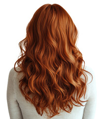 Fototapeta premium A woman with long red hair is wearing a white shirt. The hair is styled in a way that it looks like it is curled up