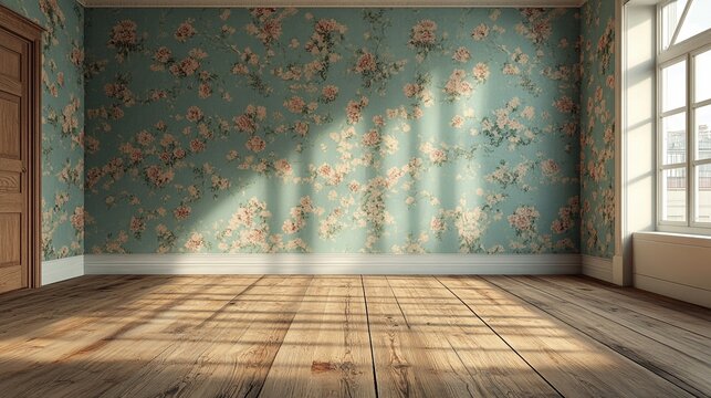 Sunlight streaming through window onto wooden floor in empty vintage room with turquoise floral wallpaper, creating dramatic shadows and warm atmosphere in classic interior.