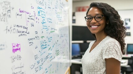 Professional software developer smiling confidently next to whiteboard filled with coding diagrams and technical notes, representing modern tech workplace diversity and expertise.