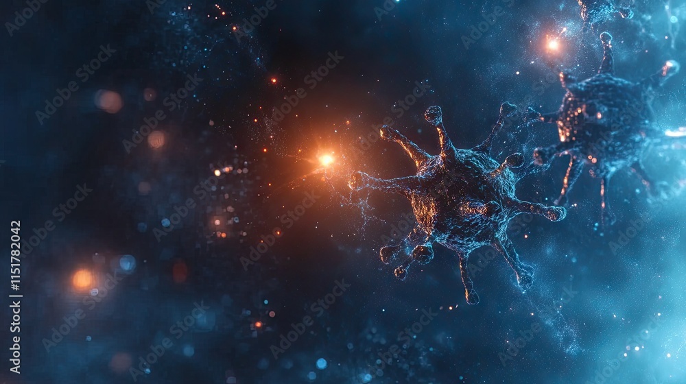 Poster microscopic perspective of viruses in blue, sleek banner background with clear space for information
