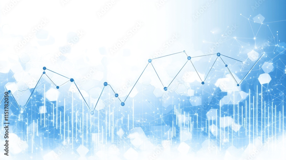 Poster minimal futuristic white digital layout showcasing tech graphs, candlestick charts, and cyber-inspir