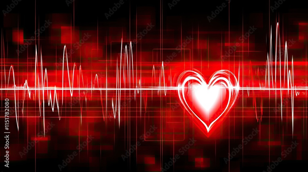 Poster minimalistic red heartbeat pattern with a glowing heart at its center on a black background, abstrac