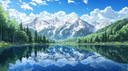 Fototapeta premium A crystal-clear lake reflecting snow-capped mountains under a vibrant blue sky, surrounded by lush evergreen trees.