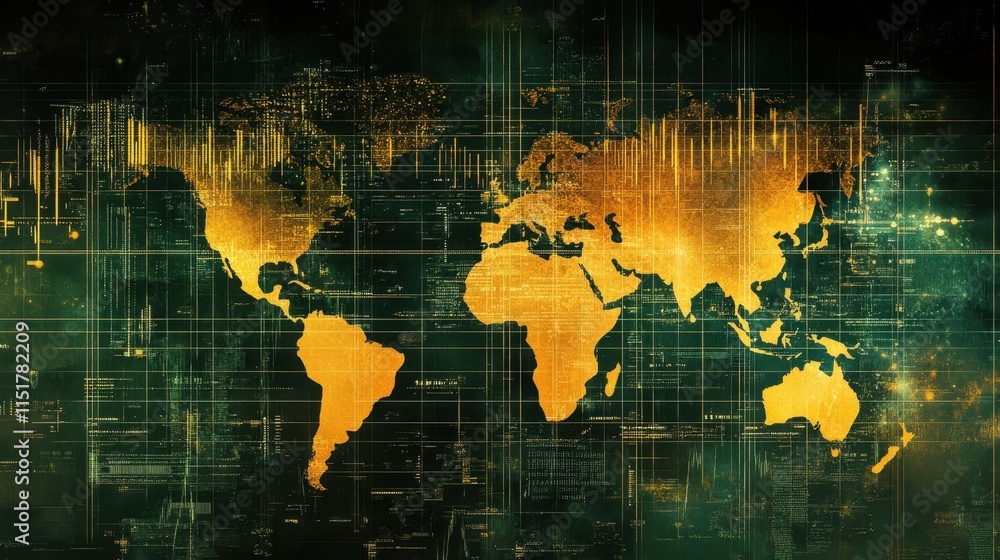 Poster abstract world map with data visualization elements and grids