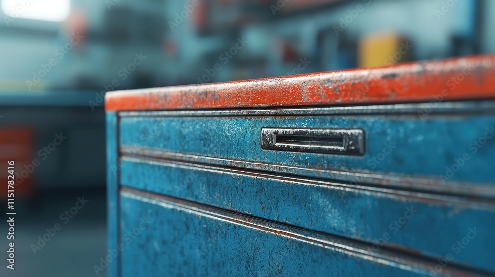 Poster a close-up view of a weathered blue drawer with a rusty handle, showcasing the textures and colors o