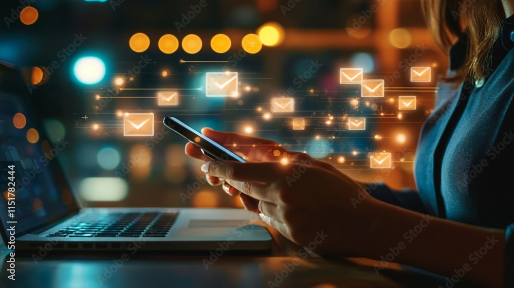 Poster person using smartphone with glowing email icons floating above in dark room with laptop, creating m