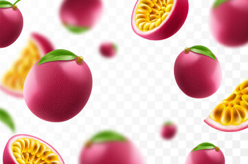 Flying ripe passion fruit. Bright advertising background falling juicy passion fruit, realistic illustration with blurred effect. 3d vector design for advertising banners and web page design