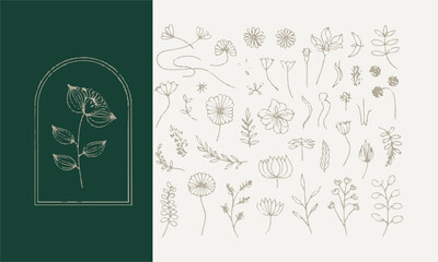 Modern vector-style illustration of boho-inspired floral and botanic design elements in wavy and vintage style., easily editable.