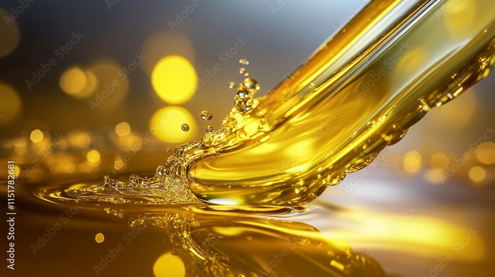 Poster luxurious golden oil stream creating dynamic splash with bokeh light effects in background, macro ph