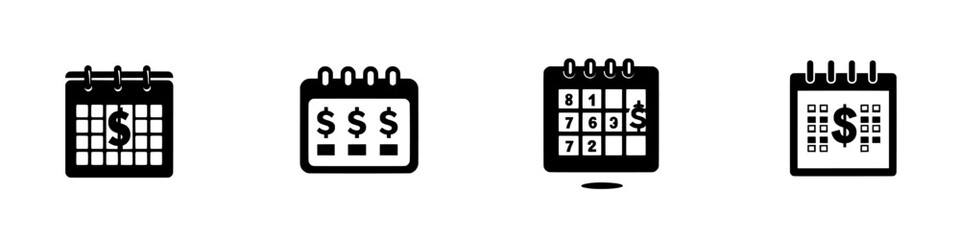 Calendar with Dollar Sign Icon. Salary Day, Payment, Cash Dividend Accrual Concept. Black Flat Time Management Symbol. Modern Graphic Logo for Web and App in Glyph Style. Isolated Illustration.