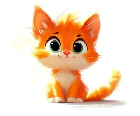 Fototapeta premium Adorable cartoon ginger kitten sitting, big eyes, fluffy fur, happy expression, white background.