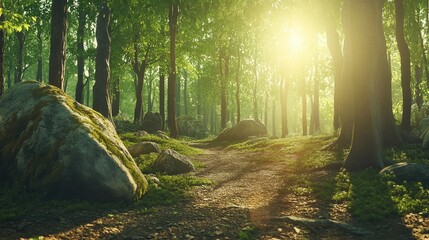 Obraz premium Serene spring forest with a winding river, moss-covered rocks glistening in the sun, surrounded by budding green trees