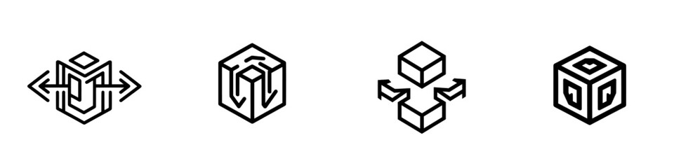 Symbol for Engineering 3D modeling and Prototyping or Dimensions and Sizes. This Line Icon represents a Geometric 3D Object plan-drawing. A Modern Icon for Web and App with an Outline Editable