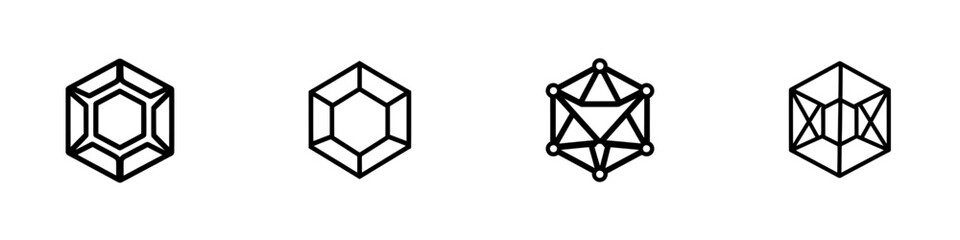 Symbol for 3D modeling and visualization. This line icon represents a geometric 3D object with interconnected lines and dots, serving as a wireframe polygonal element. It is a modern icon for web and
