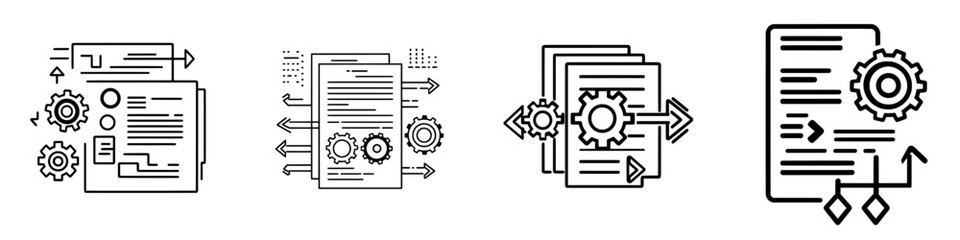 Obraz premium Symbol for Reverse Engineering and Reverse Development. The process of reconstructing source code from the final product. A line icon featuring a gear and a drawing. A contemporary icon for web and