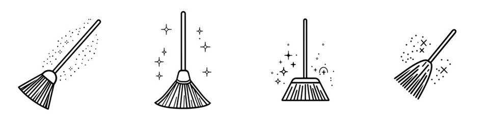 A thin outline icon of a broom, besom, or short brush made of bound straw near a pile of garbage. This line symbol represents cleaning, garbage disposal, and sweeping. The modern computer pictogram