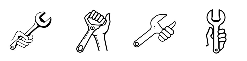 A thin outline icon of a human hand holding a wrench or spanner in its arm, symbolizing car mechanic services, plumbing work, and professional services. This modern, isolated pictogram for the web