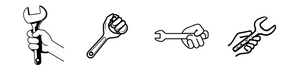 A thin outline icon of a human hand holding a wrench or spanner in the arm, symbolizing car mechanic services and plumbing work. This modern, isolated pictogram for web use features an editable